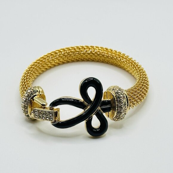Swan SWAROVSKI Crystal Rhinestone Gold Mesh Black Enamel Bow Bracelet - Picture 7 of 10